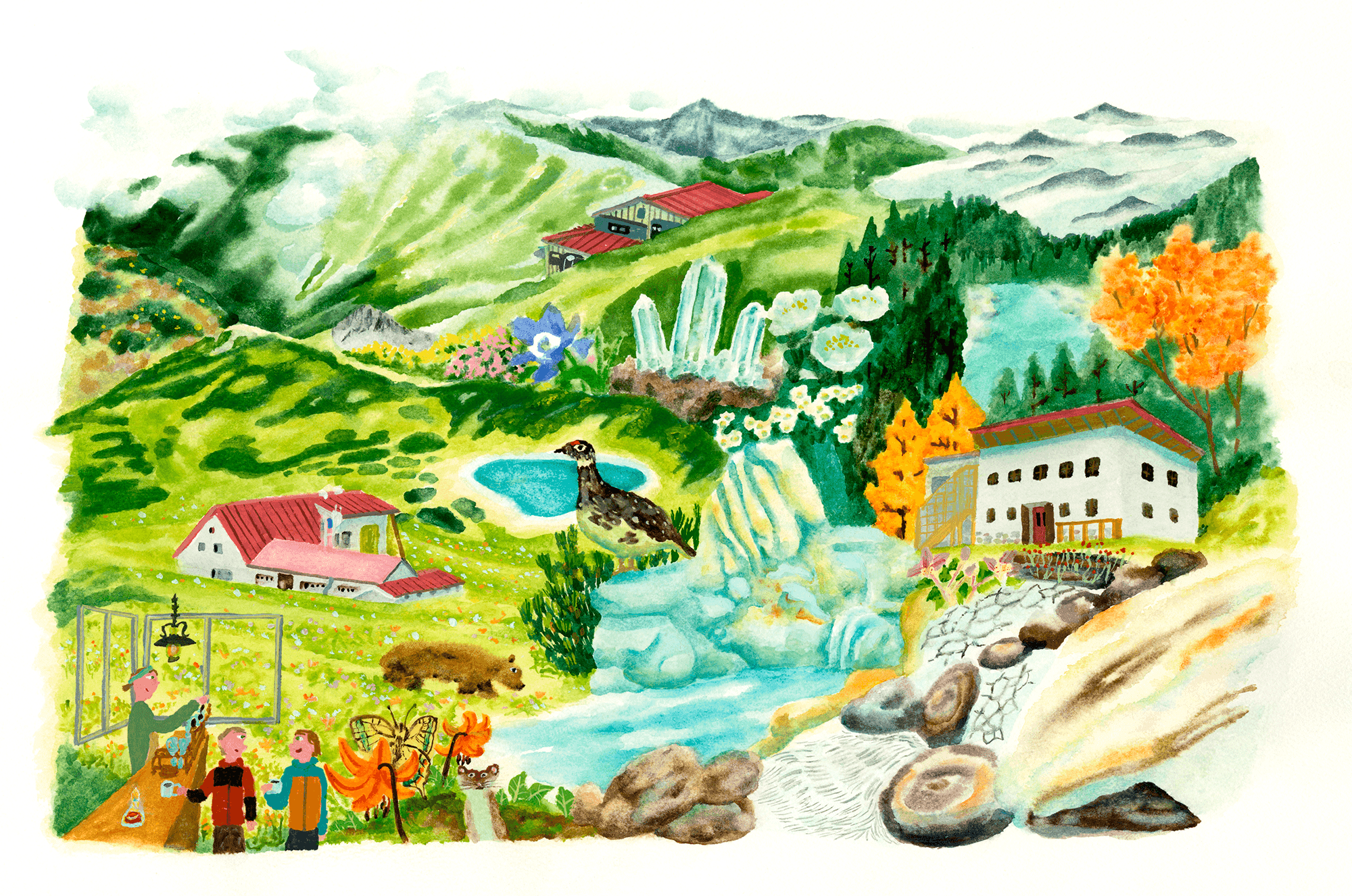 三俣山荘グループの位置関係を表現したイラスト地図 - 水晶小屋の位置を示す